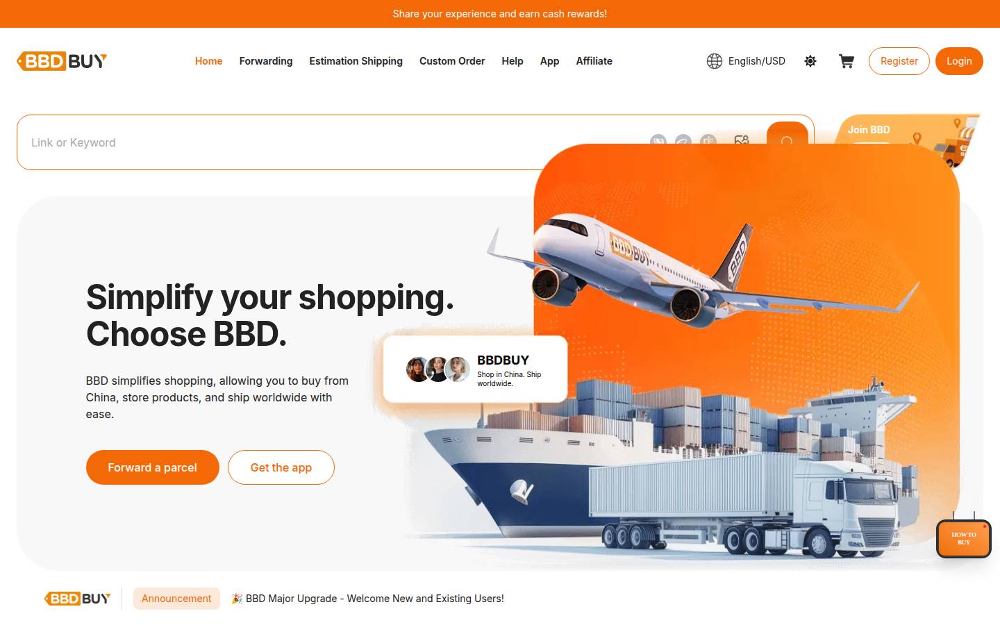Offizielle BBDBuy-Startseite: orangeres BBD-Tag, Suche, Forwarding und Estimation in der Navigation